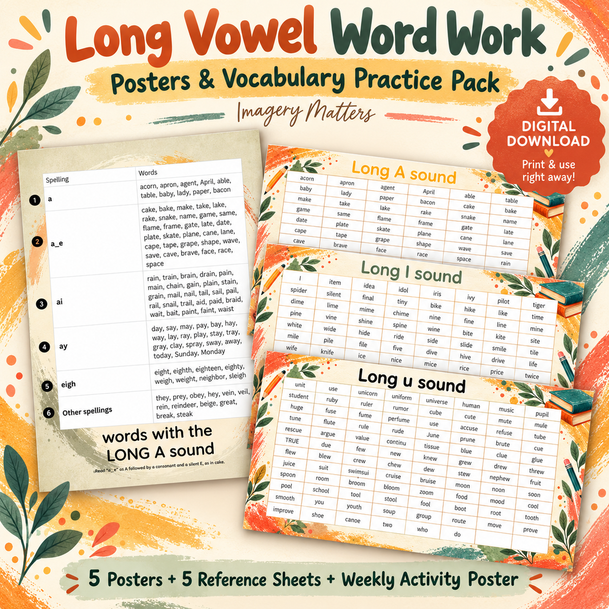Long Vowel Word Work: Posters & Vocabulary Practice Pack