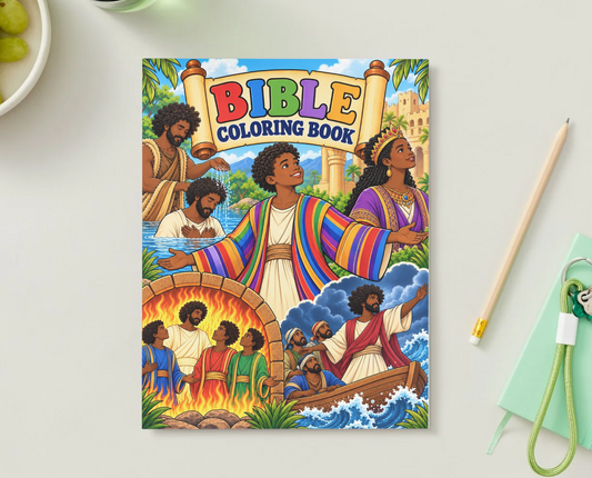Printable Bible coloring book for kids featuring illustrated Bible stories
