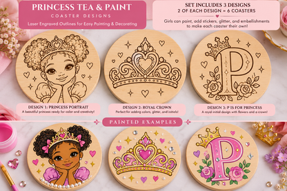 paint your own wooden coasters, princess coloring activities, tea party conversation cards