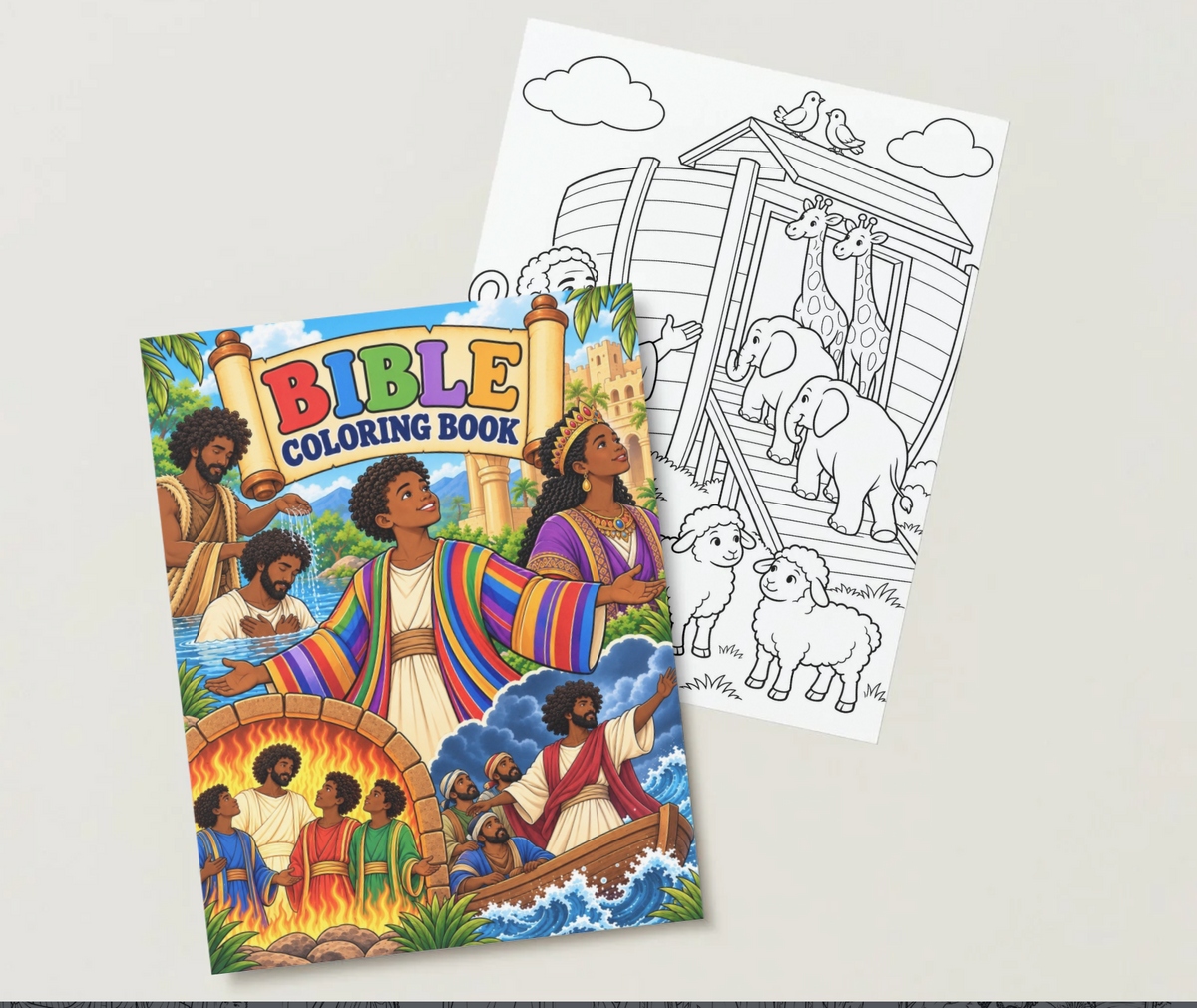 Black and white Bible coloring pages for kids featuring biblical characters